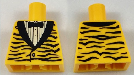 Lego Torso Tuxedo Jacket with Black Animal Stripes and Lapels over White Shirt with Buttons and Pleats, Bow Tie Pattern