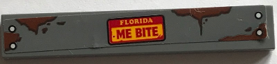 Lego Tile 1 x 6 with 'FLORIDA' and 'ME BITE' and Reddish Brown Mud Splotches on Dark Bluish Gray Background Pattern (Sticker) - Set 70907 / Dark Bluish Gray