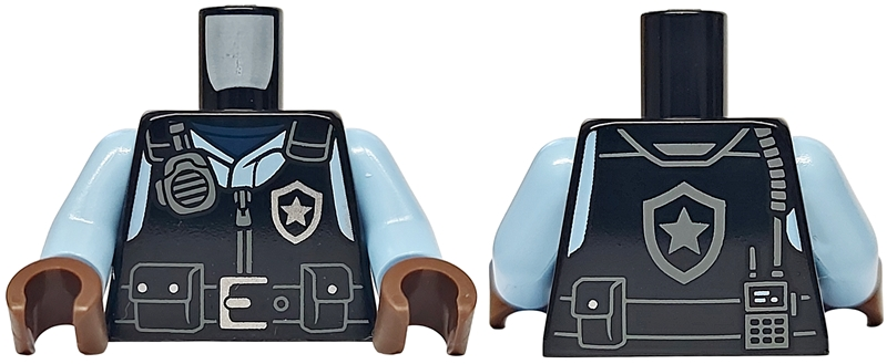 Lego Torso Police Safety Vest, Silver Star Badge Logo, Dark Bluish Gray Radio, Belt with Buckle and Pouches, Bright Light Blue Shirt Pattern / Bright Light Blue Arms / Umber Hands
