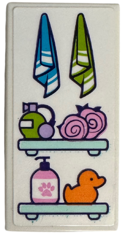 Lego Tile 2 x 4 with Towels and Spray, Loofahs, Soap Dispenser and Rubber Duck on Shelves Pattern (Sticker) - Set 41718 / White