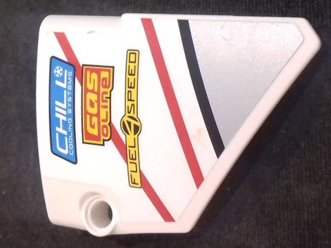 Lego Technic, Panel Fairing #14 Large Short Smooth, Side B with 'CHILL COOLING SYSTEMS', 'GAS OLINE' and 'FUEL4SPEED' Pattern (Sticker) - Set 42000 / White
