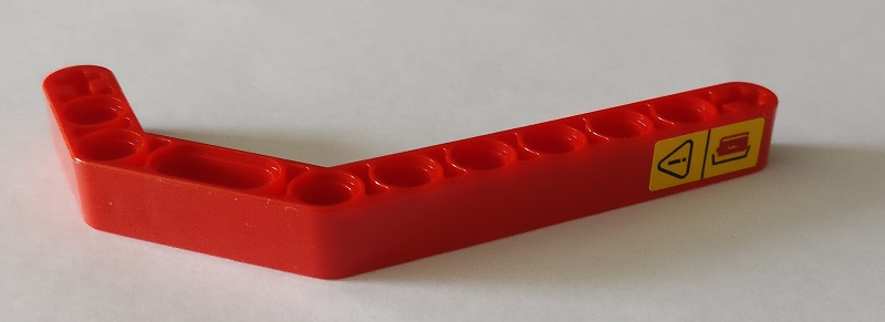 Lego Technic, Liftarm, Modified Bent Thick 1 x 11.5 Double with Warning Sign and Fire Extinguisher Pattern (Sticker) - Set 42082 / Red