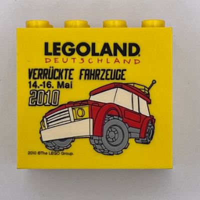 Lego Brick 2 x 4 x 3 with 'LEGOLAND Deutschland Verrückte Fahrzeuge 14.-16. Mai 2010' Print / Yellow