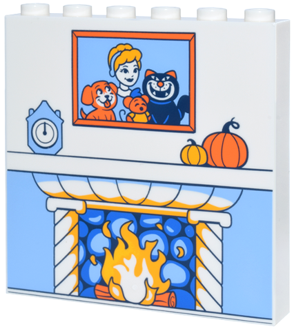 Lego Panel 1 x 6 x 5 with Fireplace, Portrait of Cinderella, Bruno,  Gus and Lucifer, Orange Pumpkin and Bright Light Blue Clock Pattern