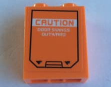Lego Brick 1 x 2 x 2 with Inside Stud Holder with Door Hatch and 'CAUTION DOOR SWINGS OUTWARD' Pattern (Sticker) - Set 60195 / Orange