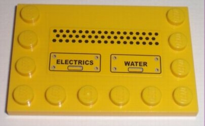 Lego Tile, Modified 4 x 6 with Studs on Edges with Black 'ELECTRICS' and 'WATER' Pattern (Sticker) - Set 7632