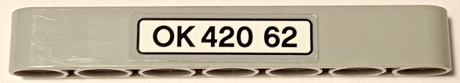 Lego Technic, Liftarm Thick 1 x 7 with 'OK 420 62' Pattern (Sticker) - Set 42062 / Light Bluish Gray