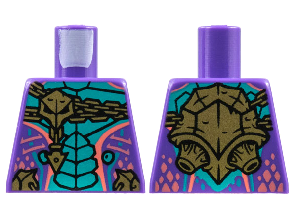 Lego Torso Dark Turquoise Scales, Gold Chain and Skull, Coral Stripes Pattern / Dark Purple