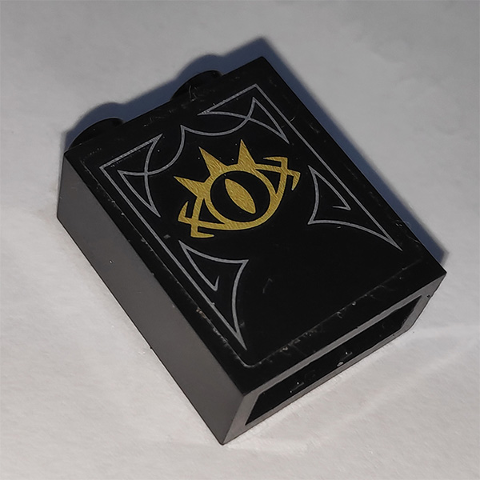 Lego Brick 1 x 2 x 2 with Inside Stud Holder with Gold Goblin King Eye Pattern (Sticker) - Set 41185