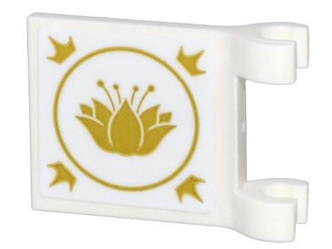 Lego Flag 2 x 2 Square with Flared Edge with Gold Lotus Flower, Circle, and Crowns Pattern on Both Sides (Stickers) - Set 43205 / White