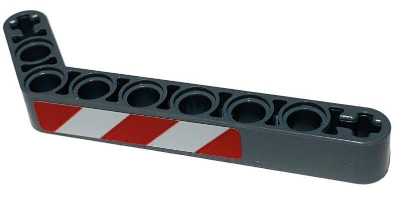 Lego Technic, Liftarm, Modified Bent Thick 1 x 9 (7 - 3) with Red and White Danger Stripes Pattern Model Left Side (Sticker) - Set 42068 / Dark Bluish Gray