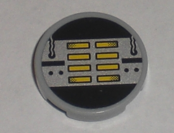 Lego Tile, Round 2 x 2 with Yellow, Black, and Silver Machinery Pattern (Sticker) - Set 8971 / Light Bluish Gray