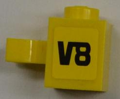 Lego Brick, Modified 1 x 1 with U Clip (Vertical Grip) - Solid Stud with Black 'V8' Pattern Model Right Side (Sticker) - Set 8186