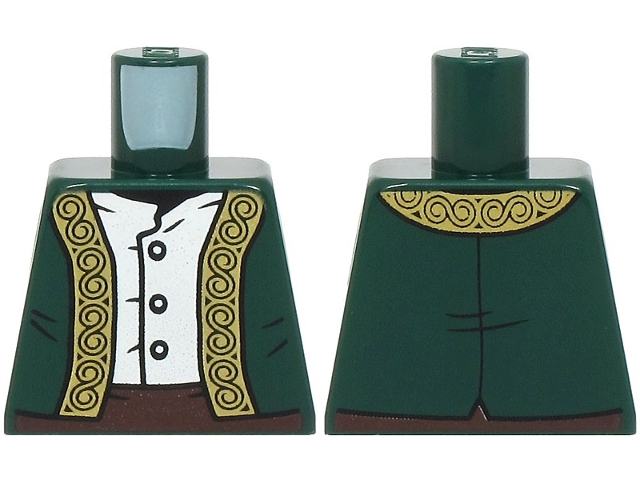 Lego Torso Vest Open with Ornate Gold Trim over White Shirt, Dark Brown Pants Pattern / Dark Green