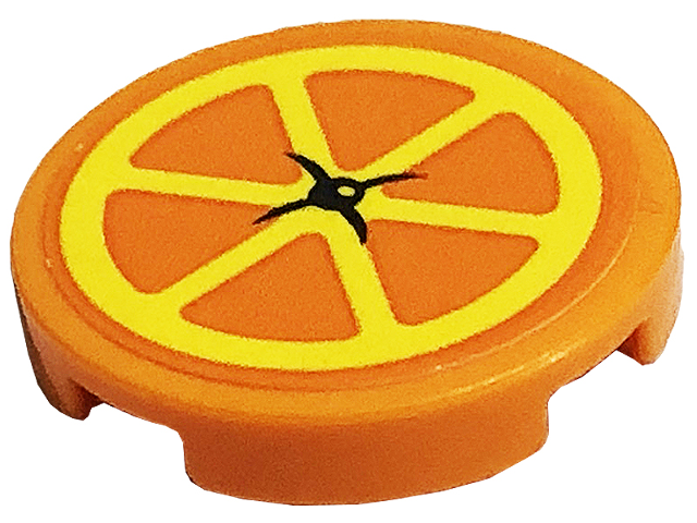 Lego Tile, Round 2 x 2 with Bottom Stud Holder with Cushion with Black Button and Yellow Orange Slice Pattern (Sticker) - Set 41701