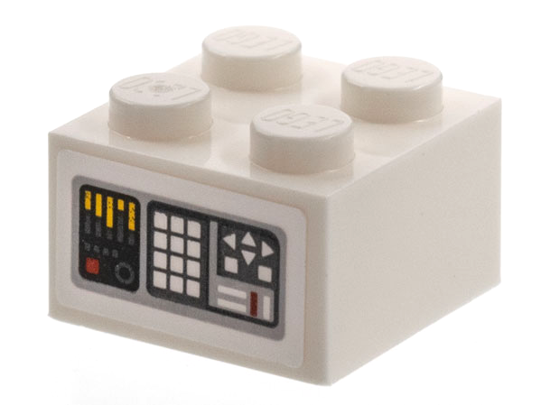 Lego Brick 2 x 2 with Computer Readout Display, White Buttons, Yellow Equalizer Pattern (Sticker) - Set 76831 / White