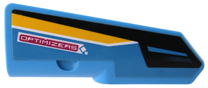 Lego Technic, Panel Fairing #22 Very Small Smooth, Side A with 'OPTIMIZERS', Black and Yellow Stripes Pattern (Sticker) - Set 42095 / Dark Azure