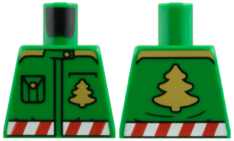 Lego Torso Jacket with Gold Buttons, Christmas Trees and Shoulders, Red and White Candy Stripe Belt Pattern / Green