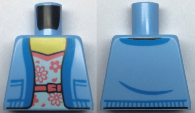 Lego Torso Female Jacket Open with Pockets over White and Coral Shirt with Belt and Flowers Pattern / Bright Light Blue