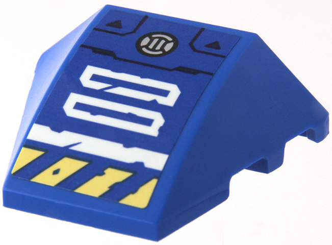 Lego Wedge 4 x 3 Triple Curved No Studs with White Rectangles and Stripe, Bright Light Yellow Danger Stripes, Silver Circle and Dark Blue Armor Outline Pattern Model Left Side (Sticker) - Set 71785 / Blue