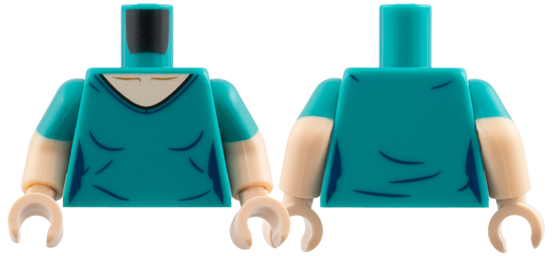 Lego Torso Female, V-Neck, Light Nougat Neck, Dark Blue Contours Pattern / Light Nougat Arms with Molded Dark Turquoise Short Sleeves Pattern / Light Nougat Hands