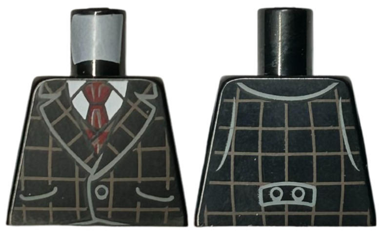 Lego Torso Suit Jacket with Dark Tan Checkered Lines over Dark Red Vest and White Shirt with Collar, Tie Pattern / Black