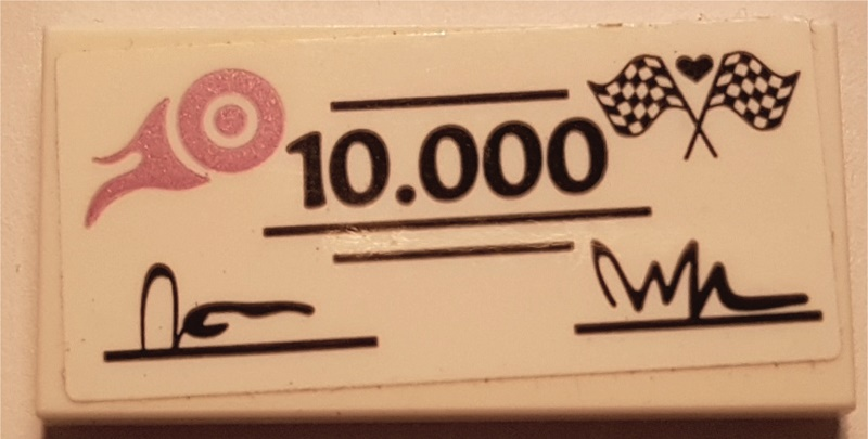Lego Tile 2 x 4 with Metallic Pink Flaming Wheel, Black '10.000', Lines, Signatures, Checkered Flags, and Heart Pattern (Sticker) - Set 41352