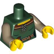 Lego Torso Dress with Brown Laced Collar, Belt and Pouch Print, Dark Tan Arms, Yellow Hands / Dark Green