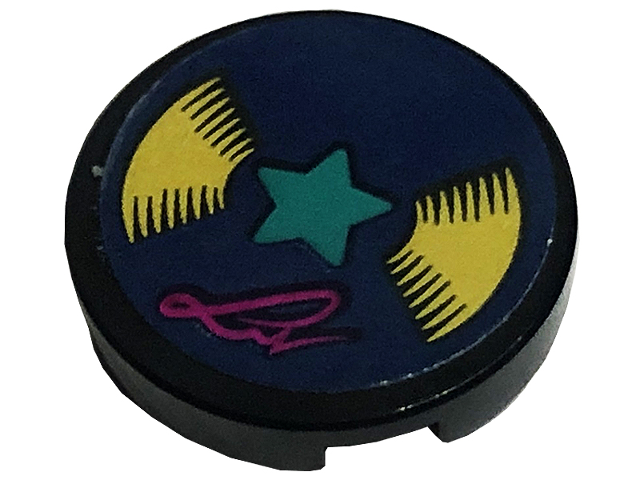 Lego Tile, Round 2 x 2 with Bottom Stud Holder with Vinyl Record with Dark Turquoise Star and Signature on Dark Blue Background Pattern (Sticker) - Set 41449