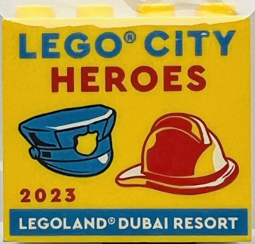 Lego Brick 2 x 4 x 3 with LEGO City Heroes 2023 LEGOLAND Dubai Resort Pattern