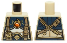 Lego Torso Chima Female Outline with Dark Blue and Gold Armor with Scales, Straps, Pouches and Fire Chi Emblem Pattern / Tan