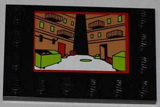 Lego Tile, Modified 4 x 6 with Studs on Edges with Street Alley on Screen Pattern (Sticker) - Set 79103 / Black