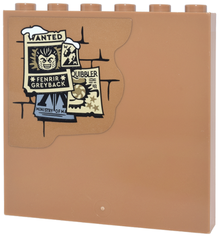 Lego Panel 1 x 6 x 5 with Brick Wall, Posters 'WANTED FENRIR GREYBACK', 'QUIBBLER' and 'MINISTRY OF MA' (MAGIC) Pattern (Sticker) - Set 76457