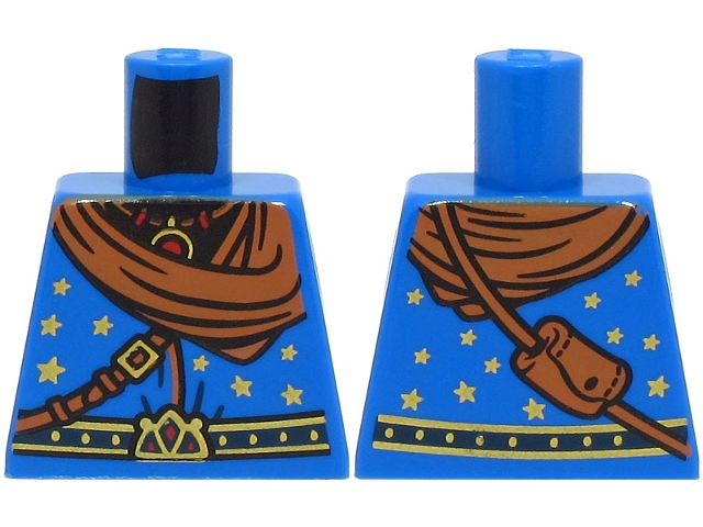 Lego Torso Wizard Robe with Gold and Dark Blue Belt, Stars, Reddish Brown Bandana and Shoulder Bag, Necklace Pattern (BAM) / Blue