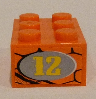 Lego Brick 2 x 3 with Yellow '12' in Light Bluish Gray Oval on Snakeskin Background Pattern on End Model Right Side (Sticker) - Set 8158 / Orange