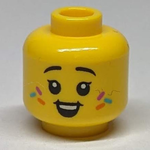Lego Minifig Head, Sprinkles on Cheeks, Happy, Open Mouth Smile / Closed Mouth Smile print / Yellow