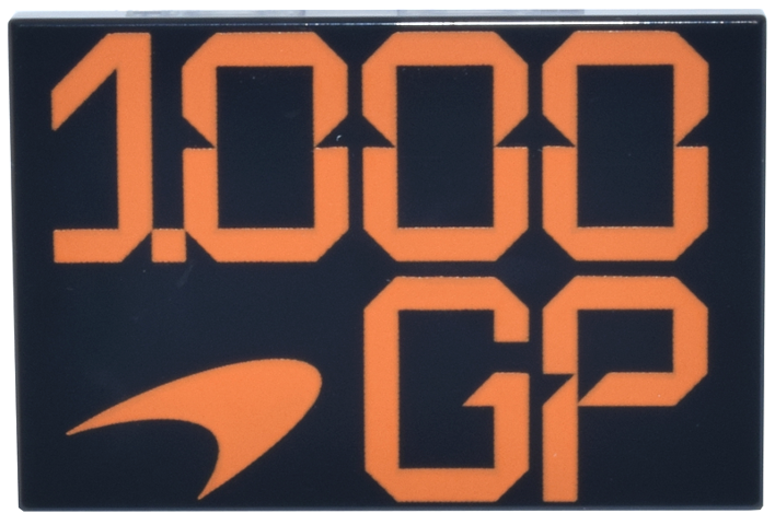 Lego Tile 2 x 3 with Orange Stylized '1000 GP' and Nike Swoosh Logo Pattern / Black