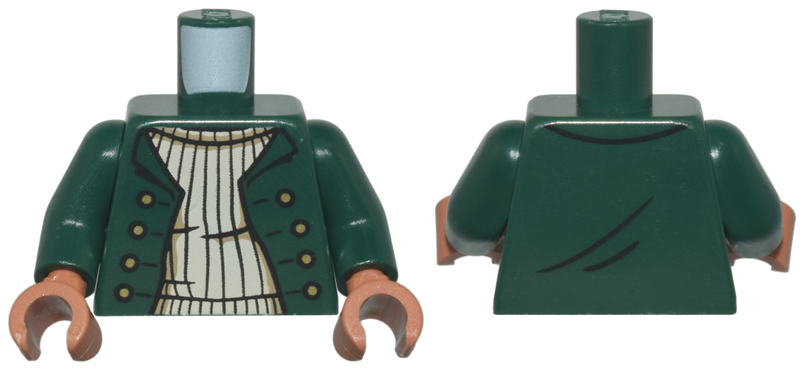 Lego Torso Jacket Open with Gold Buttons over Tan Ribbed Sweater Pattern / Dark Green Arms / Sienna Hands