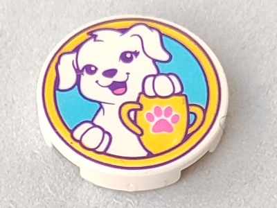 Lego Tile, Round 2 x 2 with Bottom Stud Holder with Puppy Dog, Yellow Trophy with Dark Pink Paw Print on Medium Azure Background Pattern
