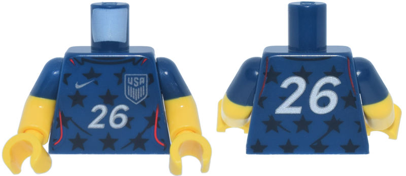 Lego Torso Soccer / Football Jersey, Black Stars and Red Trim, White Number 26 and Silver USA Badge Pattern / Yellow Arms with Dark Blue Molded Short Sleeves / Yellow Hands