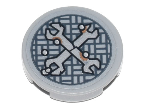 Lego Tile, Round 2 x 2 with Bottom Stud Holder with Silver Crossed Wrenches over Metal Mesh with Rivets Pattern (Sticker) - Set 70840 / Light Bluish Gray
