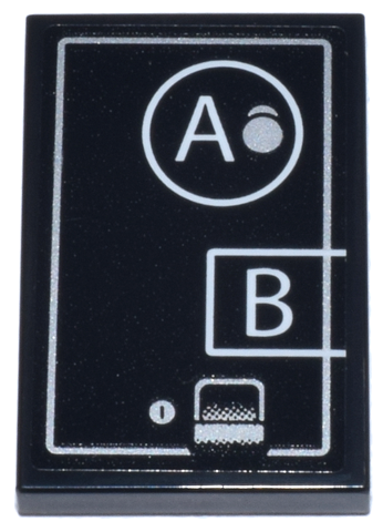 Lego Tile 2 x 3 with Panel with Silver Border, Button, Keyhole, and Coin Return, and White Circle, Rectangle, and Letters A and  B Pattern (Sticker) - Set 21347 / Black