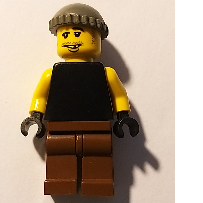 Lego Man, Black Tank Top with Yellow Arms, Brown Legs, Dark Gray Hat