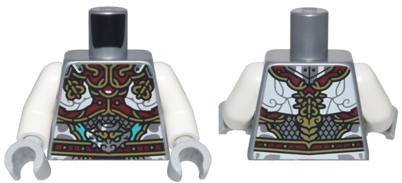 Lego Torso Armor with Dark Red and Gold Plates, White Clouds, and Silver Dragon Head Pattern / White Arms / Light Bluish Gray Hands