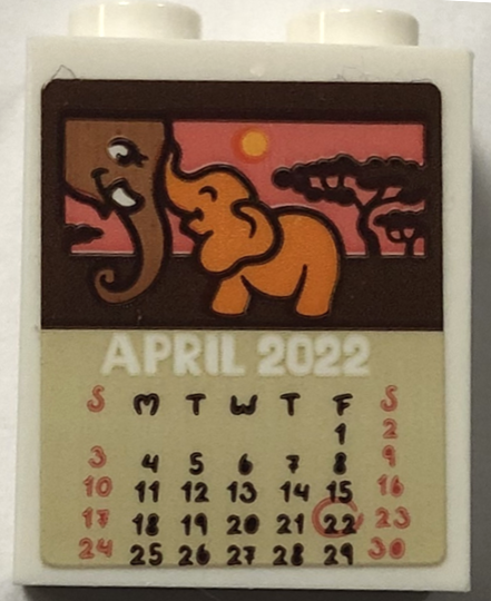 Lego Brick 1 x 2 x 2 with Inside Stud Holder with Elephants on 'APRIL 2022' Calendar Page Pattern (Sticker) - Set 41717