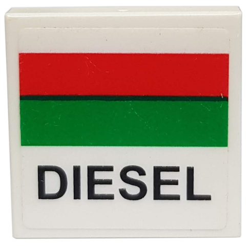Lego Tile 2 x 2 with Red and Green Stripe, Black 'DIESEL' Pattern (Sticker) - Set 7993 / White