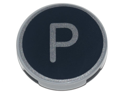 Lego Tile, Round 2 x 2 with Bottom Stud Holder with Silver Capital Letter P on Black Background Pattern