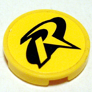 Lego Tile, Round 2 x 2 with Black R Outline (Robin Logo) Pattern (Sticker) - Set 7885 / Yellow
