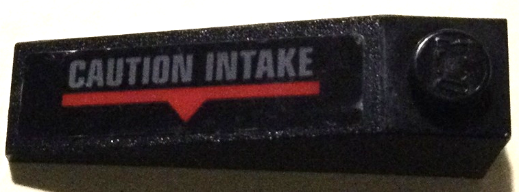 Lego Slope 18 4 x 1 with Dark Bluish Gray 'CAUTION INTAKE', Red Line and Triangle Pattern Side A (Sticker) - Set 70916 / Black