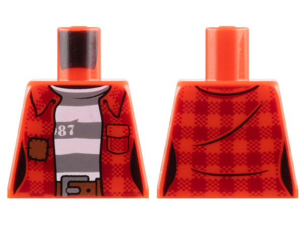 Lego Torso Town Female Prisoner Plaid Shirt over Striped Undershirt with '87' Pattern / Red
